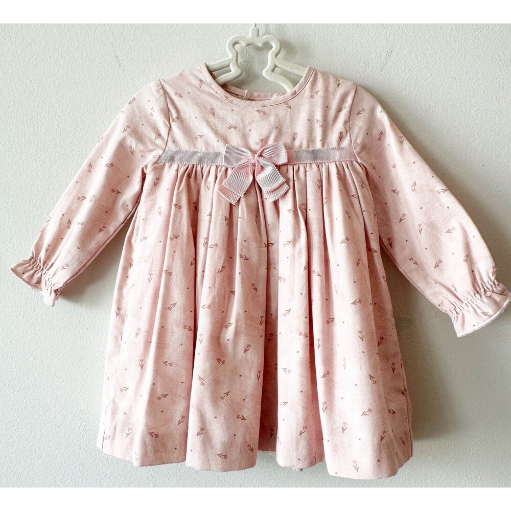 Fleurisse Violetta Belina Grey/Pink Floral Dress Cotton Long Sleeve Bow Dress